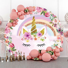 Lofaris Pink Floral Unicorn Rainbow Round Birthday Backdrop