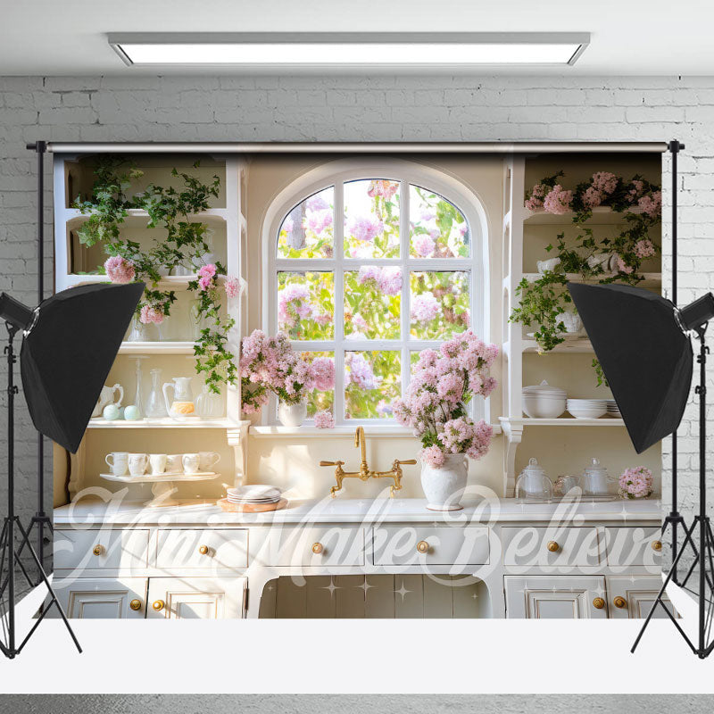 Lofaris Pink Floral Vase White Gold Cupboard Window Backdrop