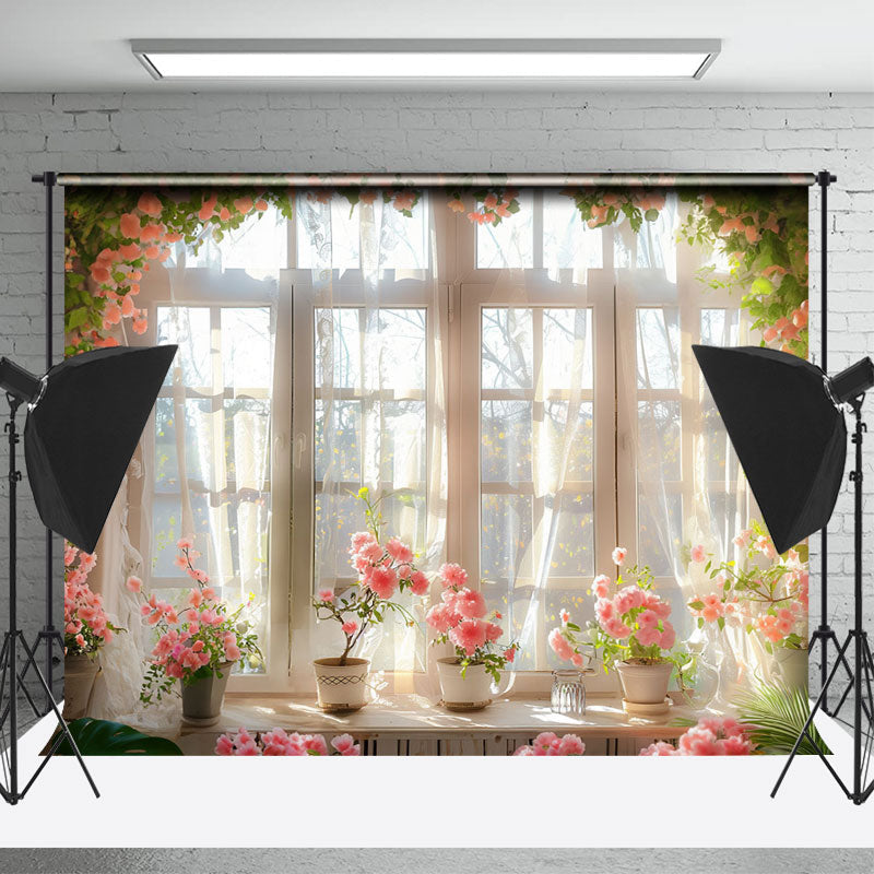 Lofaris Pink Floral Warm Sunshine Window Photo Backdrop