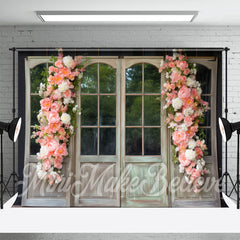 Lofaris Pink Floral White Wood Door And Window Backdrop