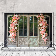 Lofaris Pink Floral White Wood Door And Window Backdrop