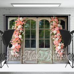 Lofaris Pink Floral White Wood Door And Window Backdrop