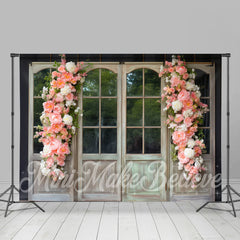 Lofaris Pink Floral White Wood Door And Window Backdrop