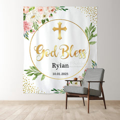 Lofaris Pink Floral Wreath God Bless Gold Glitter Baptism Backdrop