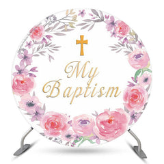 Lofaris Pink Floral Wreath My Baptism Round Backdrop Cover