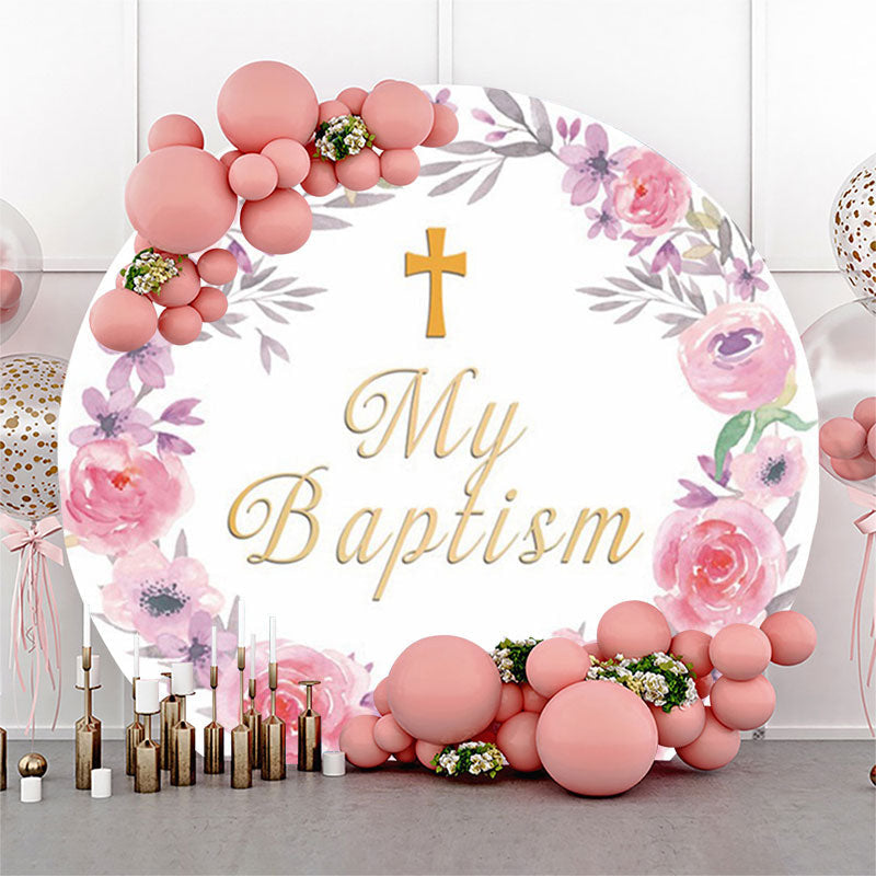 Lofaris Pink Floral Wreath My Baptism Round Backdrop Cover