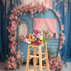 Lofaris Pink Flower Blue Curtain Retro RV Spring Backdrop