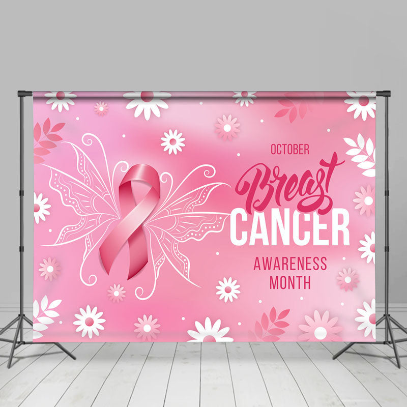 Pink Flower Butterfly Breast Cancer Month Backdrop - Lofaris