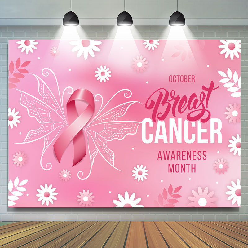 Pink Flower Butterfly Breast Cancer Month Backdrop - Lofaris