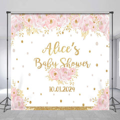 Lofaris Pink Flower Gold Glitter Custom Baby Shower Backdrop