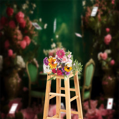 Lofaris Pink Flower Green Table Chair Cards Photo Backdrop