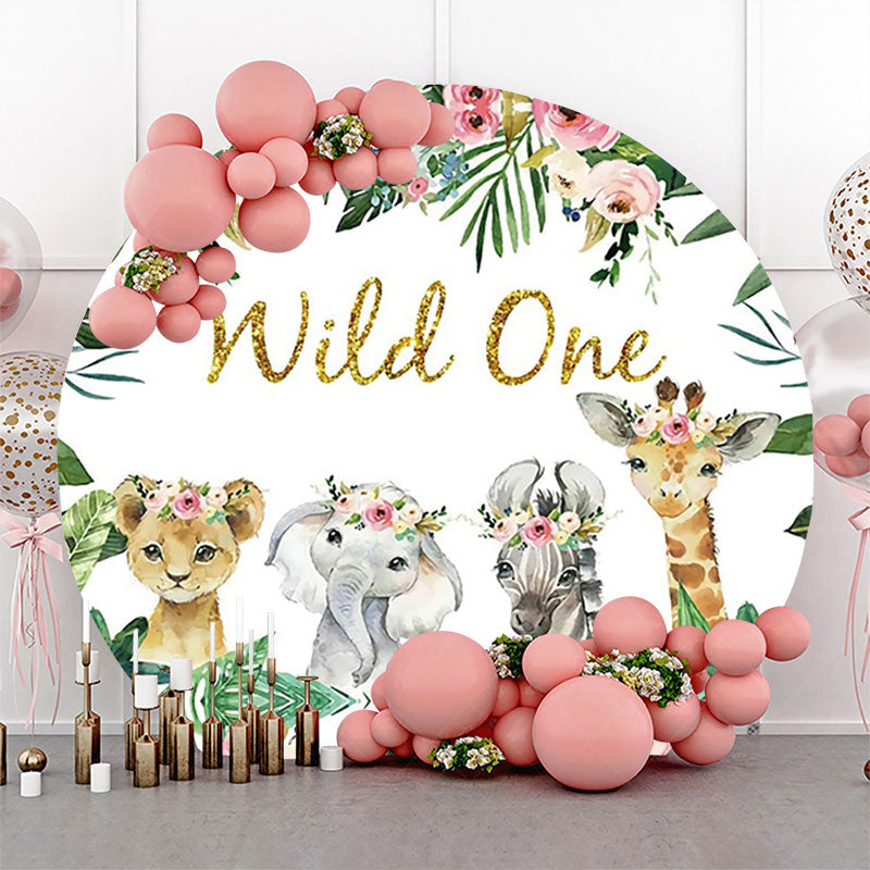 Lofaris Pink Flower Leaves Animals Round 1st Birthday Backdrop