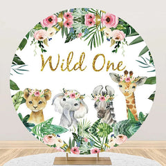 Lofaris Pink Flower Leaves Animals Round 1st Birthday Backdrop