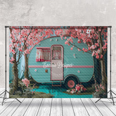 Lofaris Pink Flower Trees Blue RV Spring Photo Backdrop