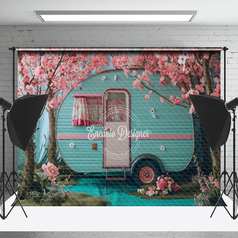 Lofaris Pink Flower Trees Blue RV Spring Photo Backdrop