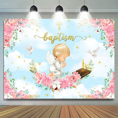 Lofaris Pink Flowers Cross Angel Baptism Backdrop For Girl