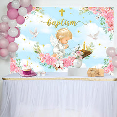 Lofaris Pink Flowers Cross Angel Baptism Backdrop For Girl