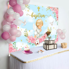 Lofaris Pink Flowers Cross Angel Baptism Backdrop For Girl