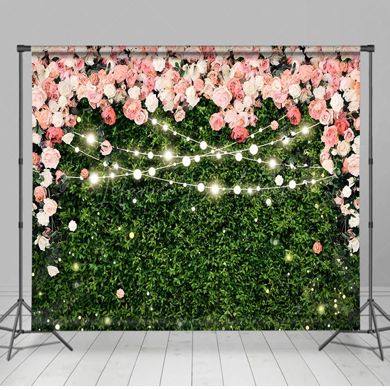 Lofaris Pink Flowers Green Leaves Light Wedding Backdrop