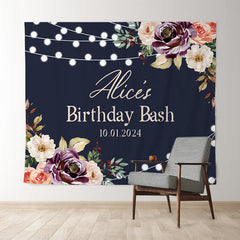 Lofaris Pink Flowers Navy Blue Custom Birthday Backdrop