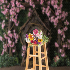 Lofaris Pink Flowers Surround Vintage Wood House backdrop