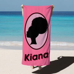Lofaris Pink Girl Silhouette Custom Name Beach Towel