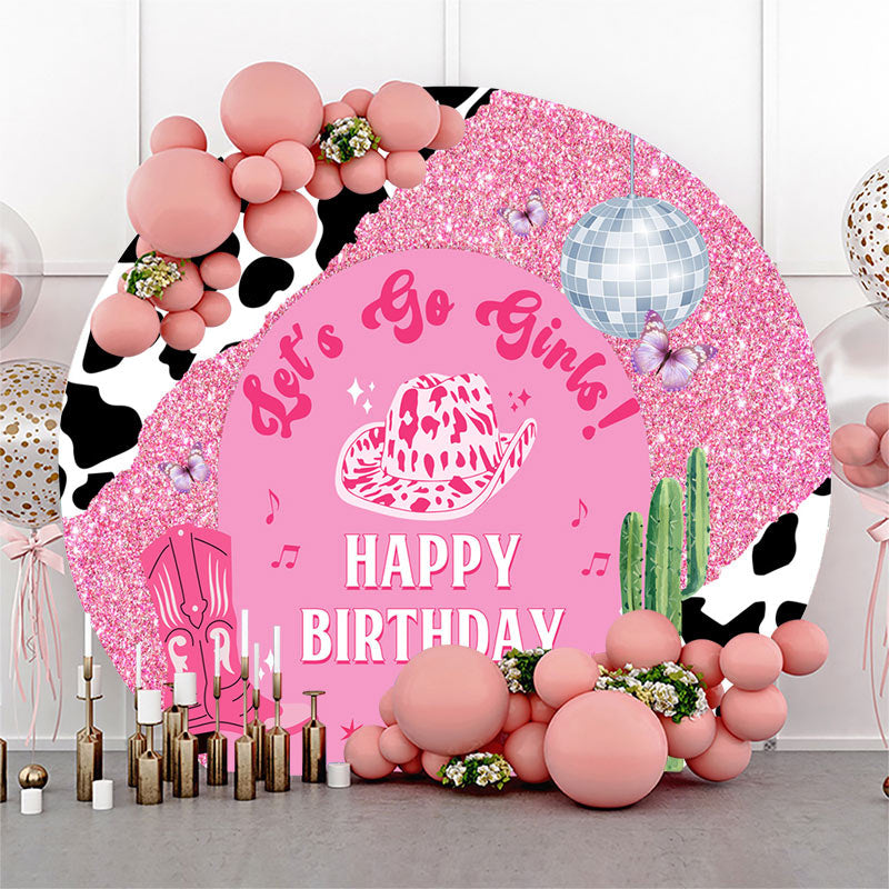 Lofaris Pink Glitter Cactus Cowgirl Round Birthday Backdrop