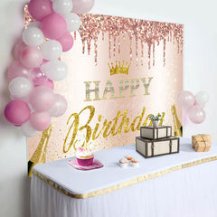 Lofaris Pink Glitter Crown Champagne Happy Birthday Backdrop