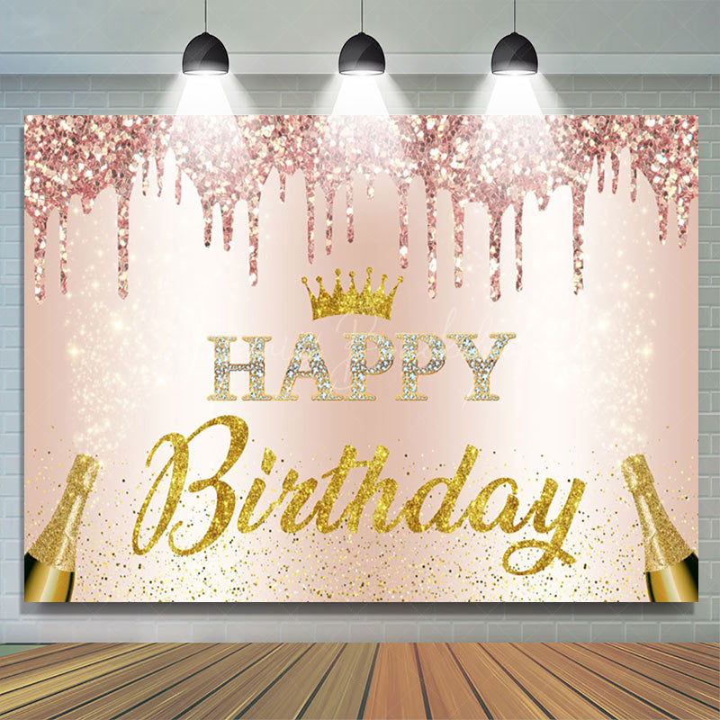 Lofaris Pink Glitter Crown Champagne Happy Birthday Backdrop