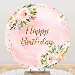 Lofaris Pink Glitter Floral Leaves Round Birthday Backdrop