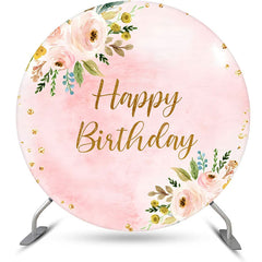 Lofaris Pink Glitter Floral Leaves Round Birthday Backdrop