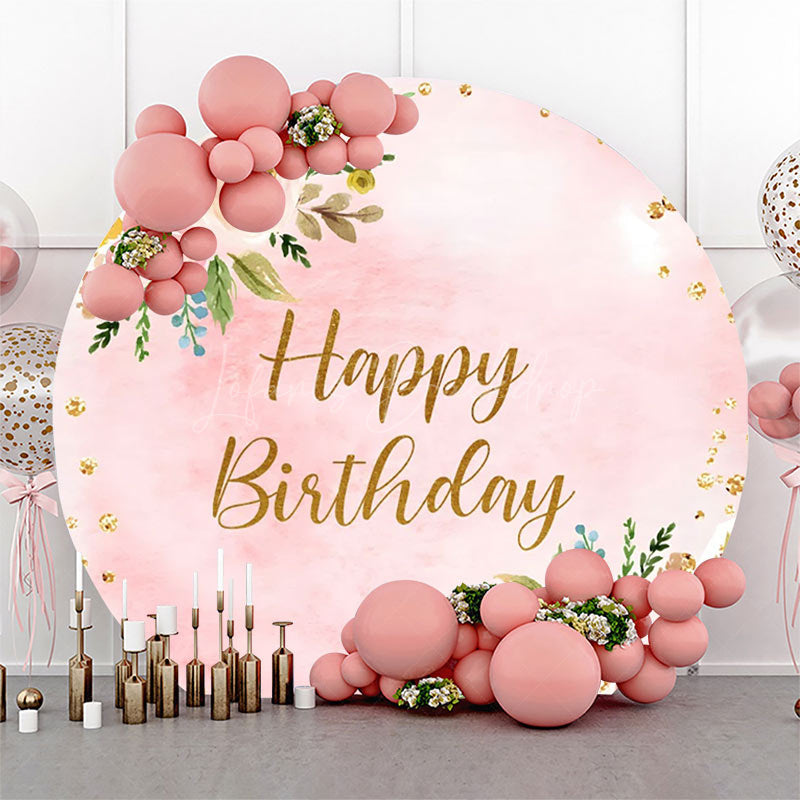 Lofaris Pink Glitter Floral Leaves Round Birthday Backdrop