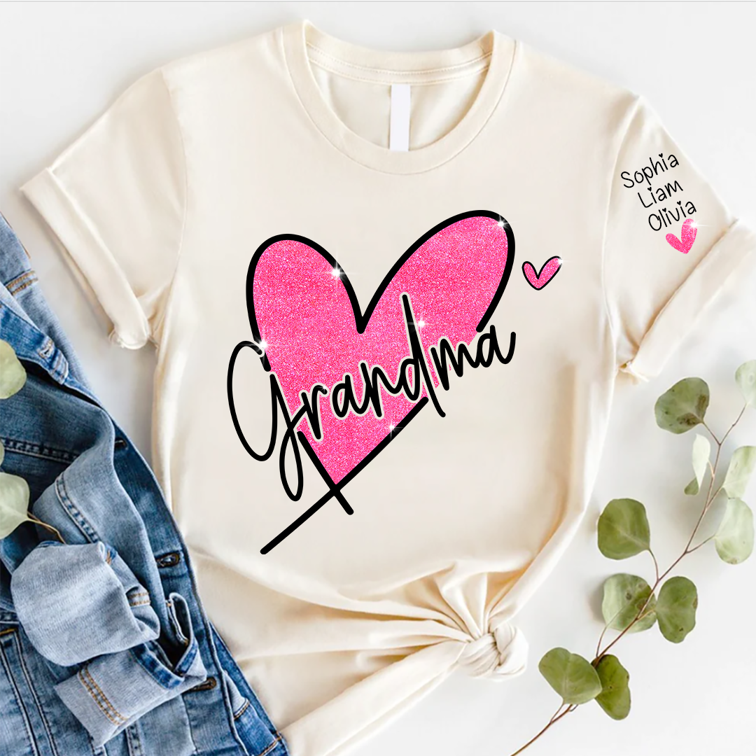 Lofaris Pink Glitter Heart Custom Grandma And Kids T - Shirt