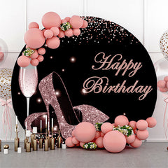 Lofaris Pink Glitter Heels Black Round Happy Birthday Backdrop