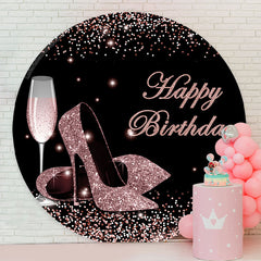 Lofaris Pink Glitter Heels Black Round Happy Birthday Backdrop