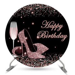 Lofaris Pink Glitter Heels Black Round Happy Birthday Backdrop