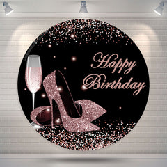 Lofaris Pink Glitter Heels Black Round Happy Birthday Backdrop