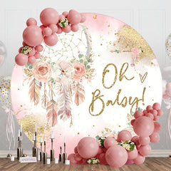 Lofaris Pink Gold Boho Floral Round Baby Shower Backdrop