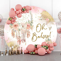 Lofaris Pink Gold Boho Floral Round Baby Shower Backdrop