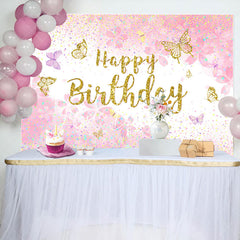 Lofaris Pink Gold Glitter Butterfly Happy Birthday Backdrop