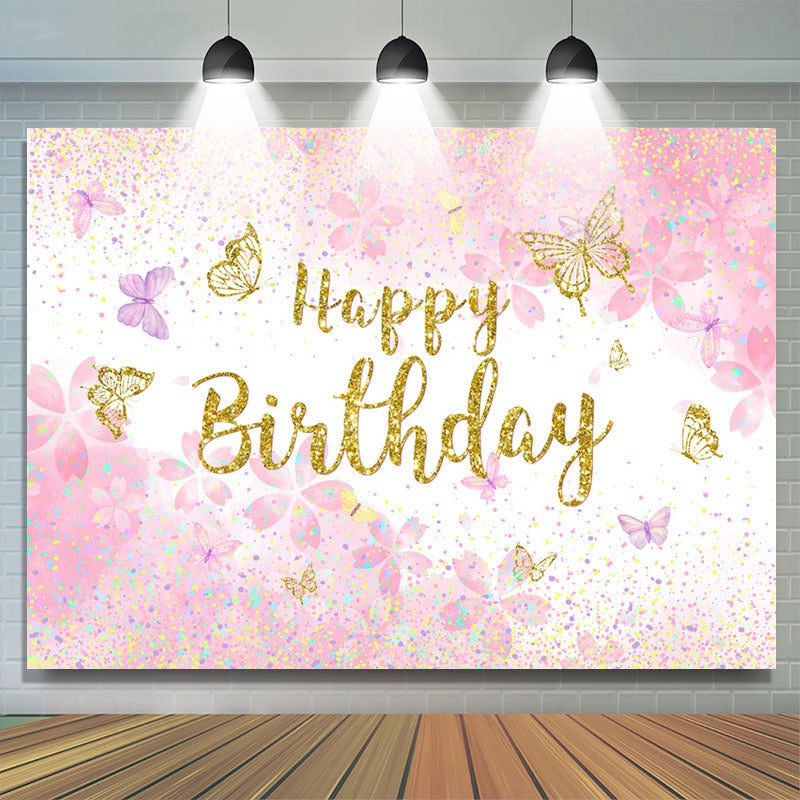 Lofaris Pink Gold Glitter Butterfly Happy Birthday Backdrop