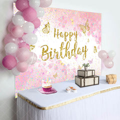 Lofaris Pink Gold Glitter Butterfly Happy Birthday Backdrop