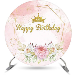 Lofaris Pink Gold Glitter Floral Round Birthday Backdrop