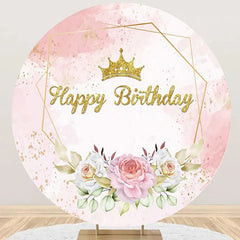 Lofaris Pink Gold Glitter Floral Round Birthday Backdrop