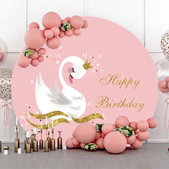 Lofaris Pink Gold Glitter White Swan Round Birthday Backdrop