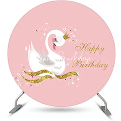 Lofaris Pink Gold Glitter White Swan Round Birthday Backdrop