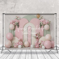 Lofaris Pink Green Arch Floral Balloons Cake Smash Backdrop