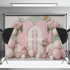 Lofaris Pink Green Arch Floral Balloons Cake Smash Backdrop