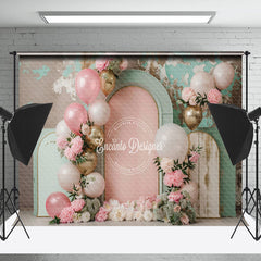 Lofaris Pink Green Balloons Floral Retro Cake Smash Backdrop