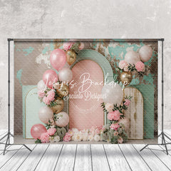 Lofaris Pink Green Balloons Floral Retro Cake Smash Backdrop